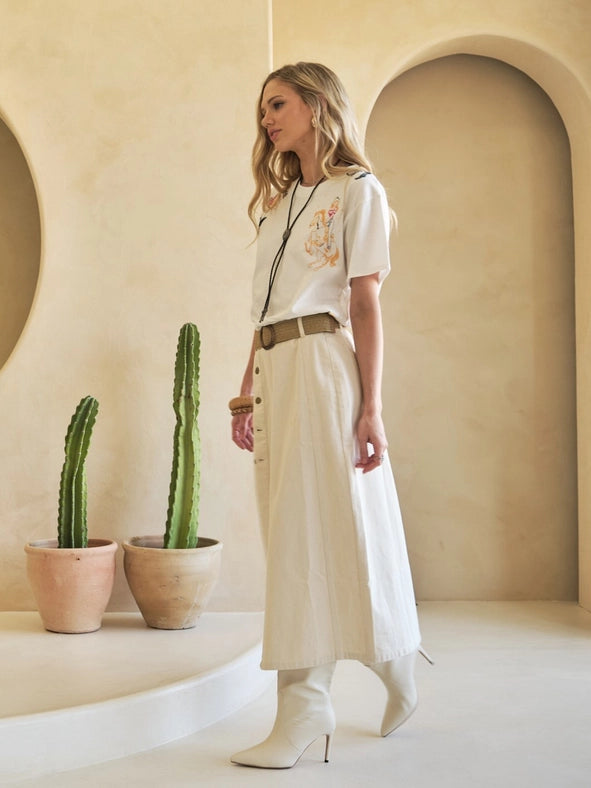 Mid Rise Stretch Midi Denim Skirt IVORY-Skirt-Blue B-S-IVORY-Urbanheer