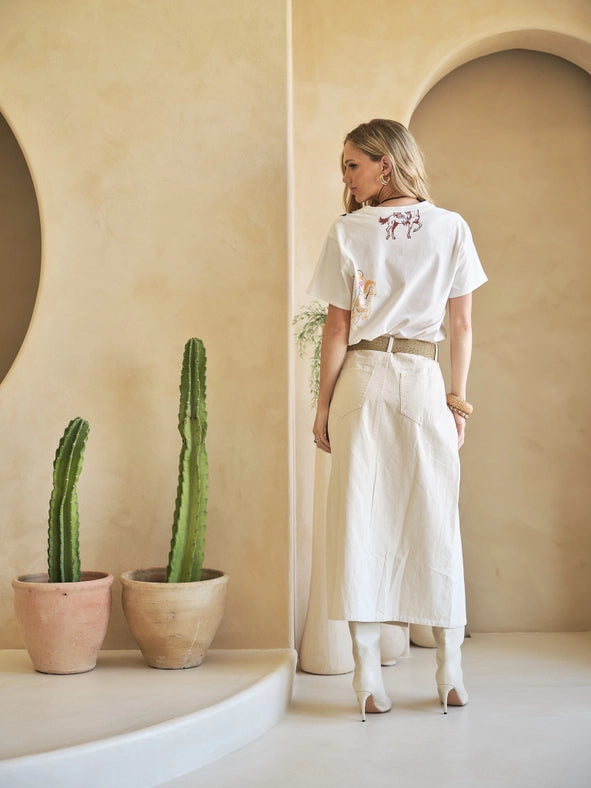 Mid Rise Stretch Midi Denim Skirt IVORY-Skirt-Blue B-S-IVORY-Urbanheer