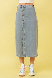 Mid Rise Stretch Midi Denim Skirt MED WASH-Skirt-Blue B-S-MED WASH-Urbanheer