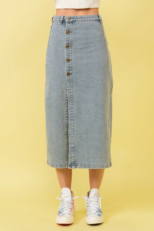 Mid Rise Stretch Midi Denim Skirt MED WASH-Skirt-Blue B-S-MED WASH-Urbanheer
