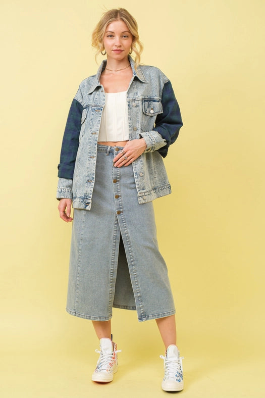 Mid Rise Stretch Midi Denim Skirt MED WASH-Skirt-Blue B-S-MED WASH-Urbanheer