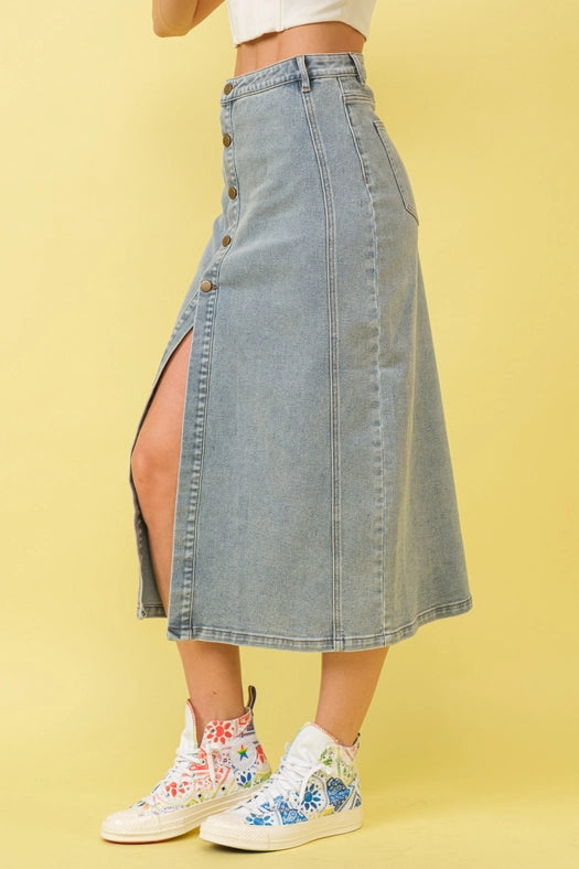 Mid Rise Stretch Midi Denim Skirt MED WASH-Skirt-Blue B-S-MED WASH-Urbanheer