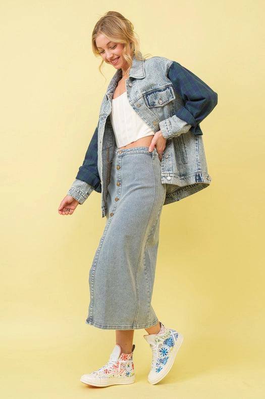 Mid Rise Stretch Midi Denim Skirt MED WASH-Skirt-Blue B-S-MED WASH-Urbanheer