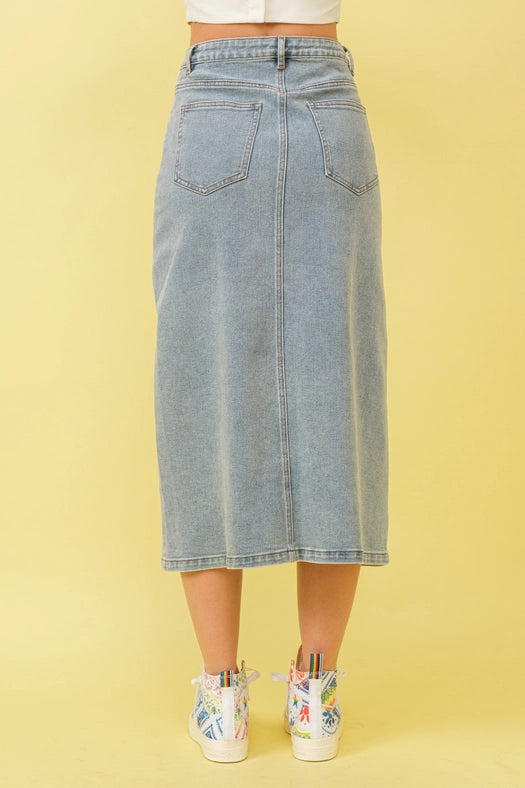 Mid Rise Stretch Midi Denim Skirt MED WASH-Skirt-Blue B-S-MED WASH-Urbanheer