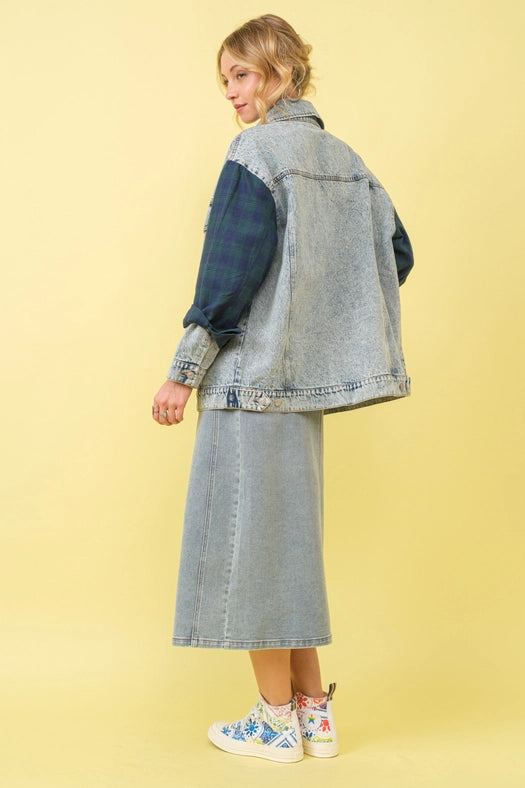 Mid Rise Stretch Midi Denim Skirt MED WASH-Skirt-Blue B-S-MED WASH-Urbanheer