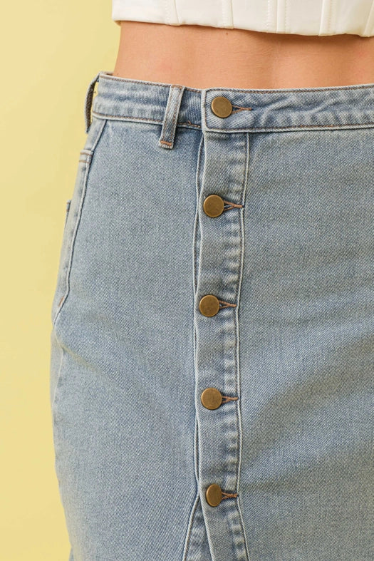 Mid Rise Stretch Midi Denim Skirt MED WASH-Skirt-Blue B-S-MED WASH-Urbanheer