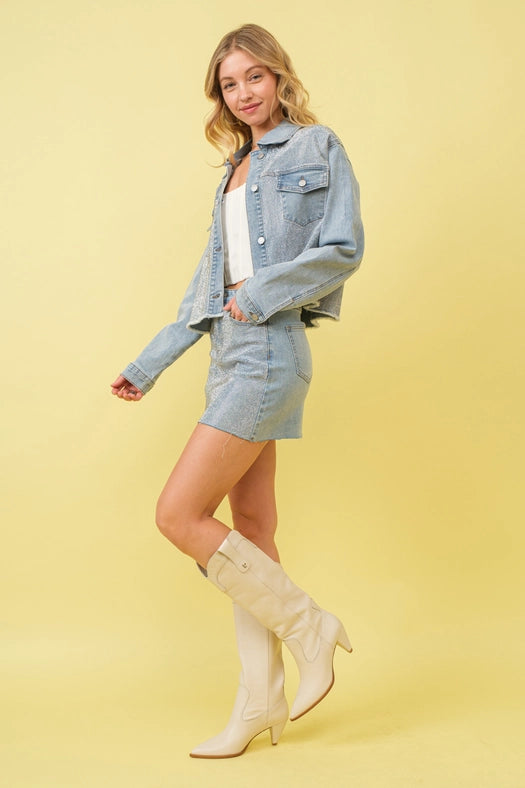 Mid Rise Stretch Sparkle Studded Mini Skirts-Skirt-Blue B-S-LIGHT WASH-Urbanheer