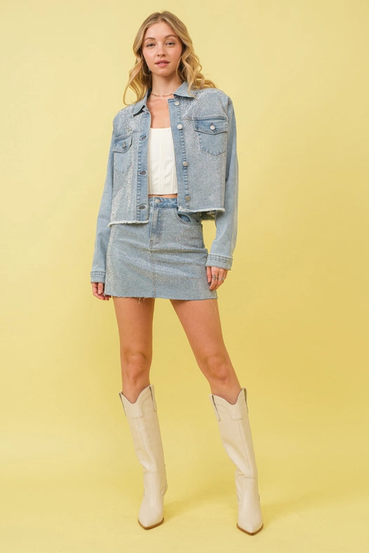 Mid Rise Stretch Sparkle Studded Mini Skirts-Skirt-Blue B-S-LIGHT WASH-Urbanheer