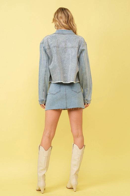 Mid Rise Stretch Sparkle Studded Mini Skirts-Skirt-Blue B-S-LIGHT WASH-Urbanheer