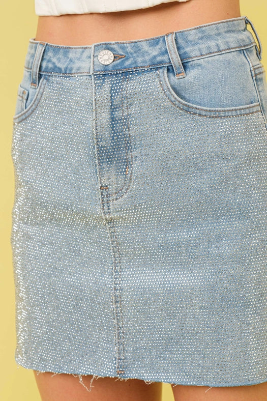 Mid Rise Stretch Sparkle Studded Mini Skirts-Skirt-Blue B-S-LIGHT WASH-Urbanheer