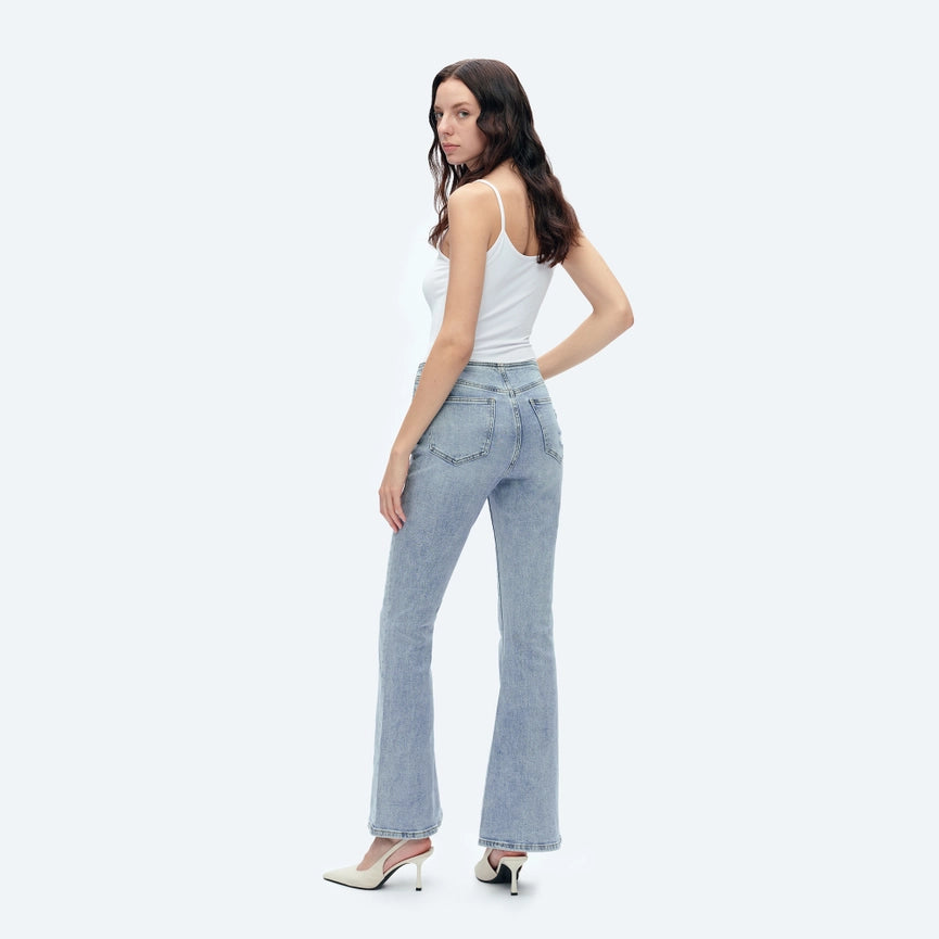 Mid Rise Waistless Bootcut Jeans with Finished Hem LIGHT BLUE-Jeans-BAYEAS-24-LIGHT BLUE-Urbanheer