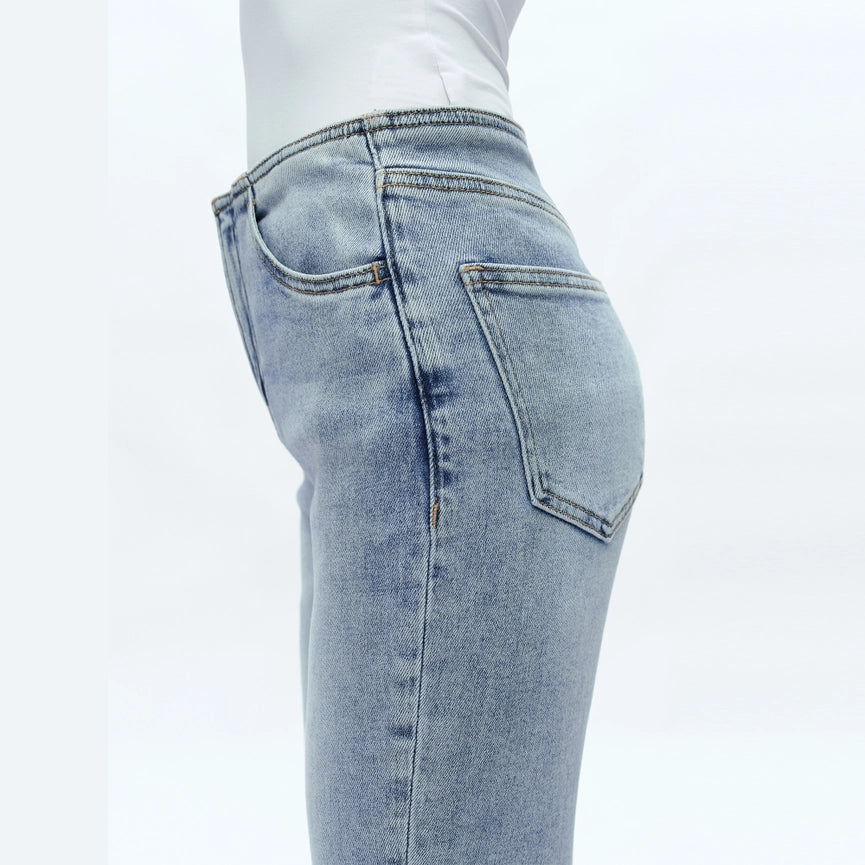 Mid Rise Waistless Bootcut Jeans with Finished Hem LIGHT BLUE-Jeans-BAYEAS-24-LIGHT BLUE-Urbanheer