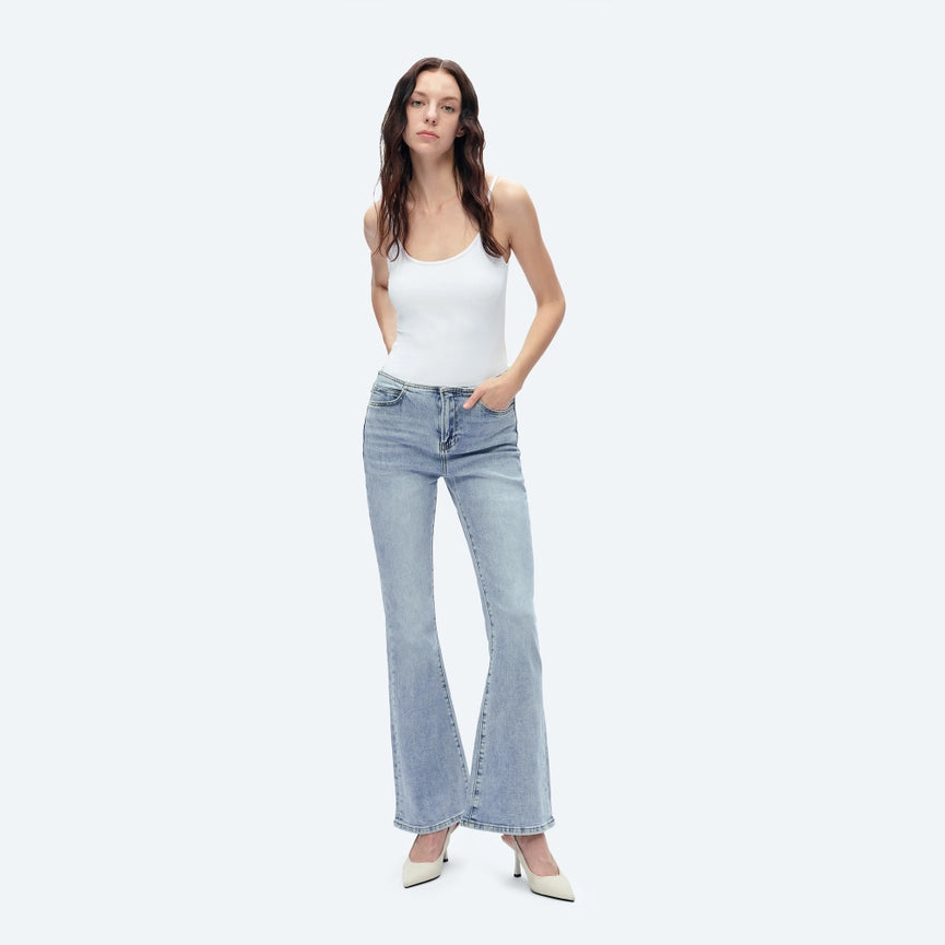 Mid Rise Waistless Bootcut Jeans with Finished Hem LIGHT BLUE-Jeans-BAYEAS-24-LIGHT BLUE-Urbanheer