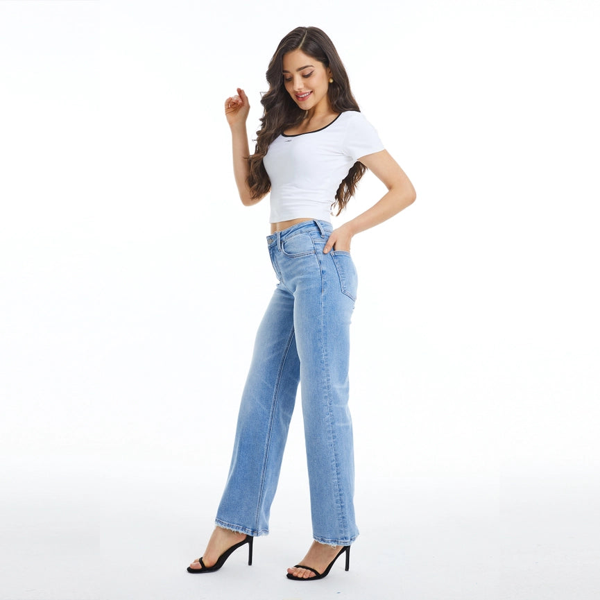 Mid Rise Wide Leg Jeans with Finished Hem FRESH BLUE-Jeans-BAYEAS-24-FRESH BLUE-Urbanheer