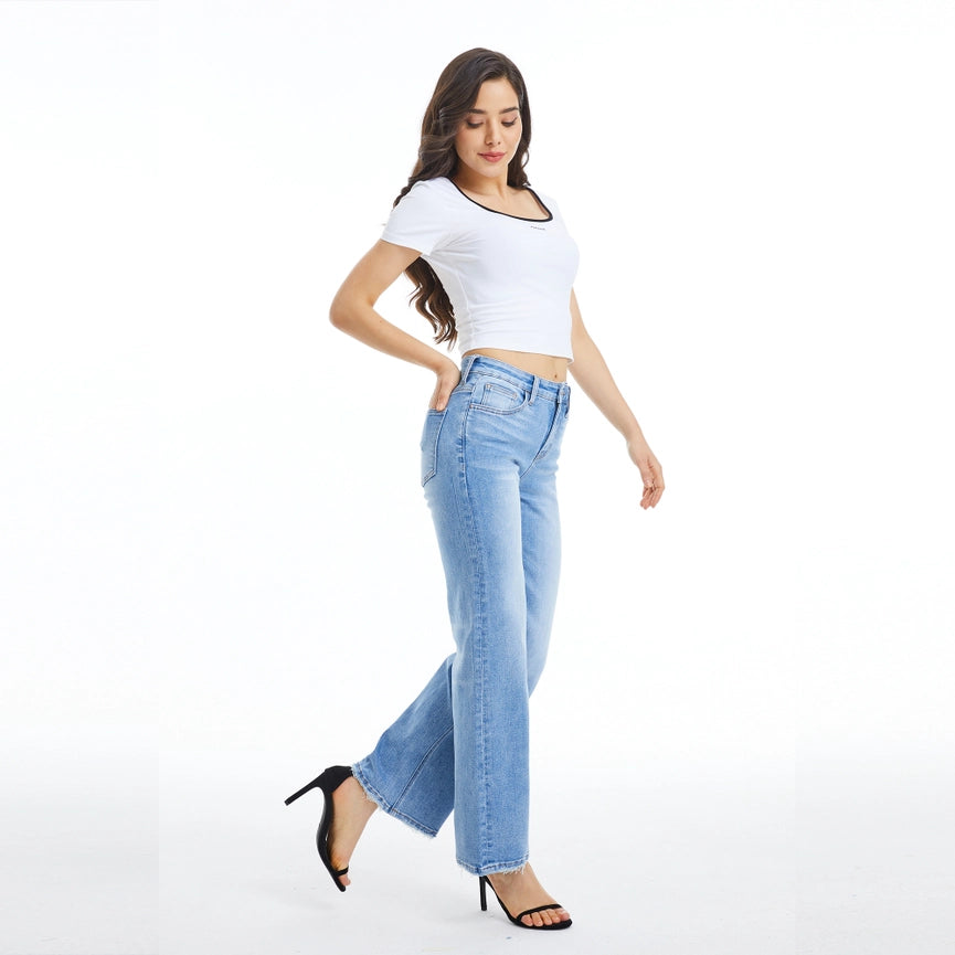 Mid Rise Wide Leg Jeans with Finished Hem FRESH BLUE-Jeans-BAYEAS-24-FRESH BLUE-Urbanheer