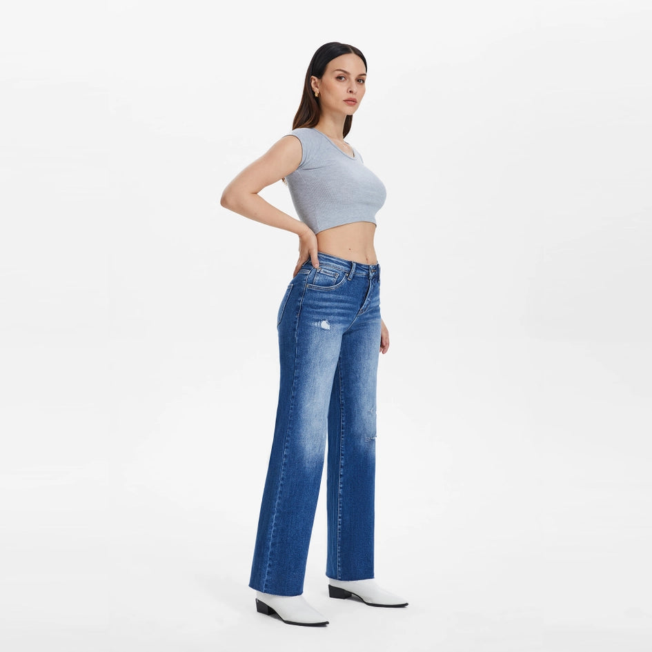 Mid Rise Wide Leg Jeans with Raw Hem AZURE-Jeans-BAYEAS-24-AZURE-Urbanheer
