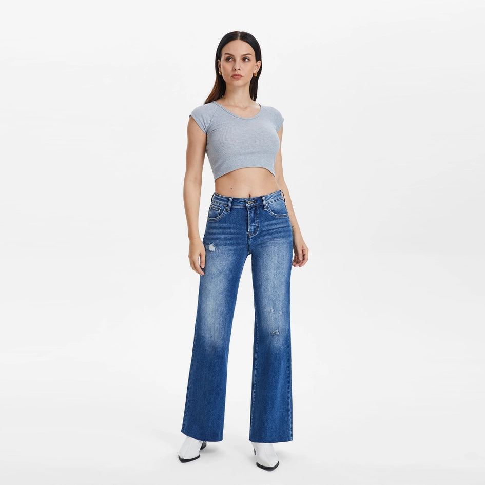 Mid Rise Wide Leg Jeans with Raw Hem AZURE-Jeans-BAYEAS-24-AZURE-Urbanheer