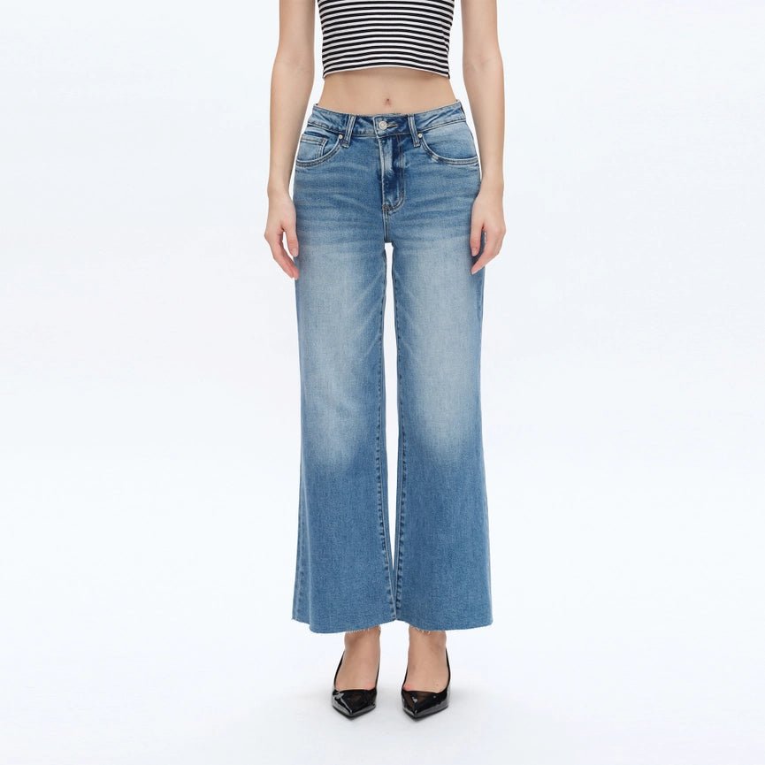 Mid Rise Wide Leg Jeans with Raw Hem MEDIUM BLUE-Jeans-BAYEAS-31-MEDIUM BLUE-Urbanheer