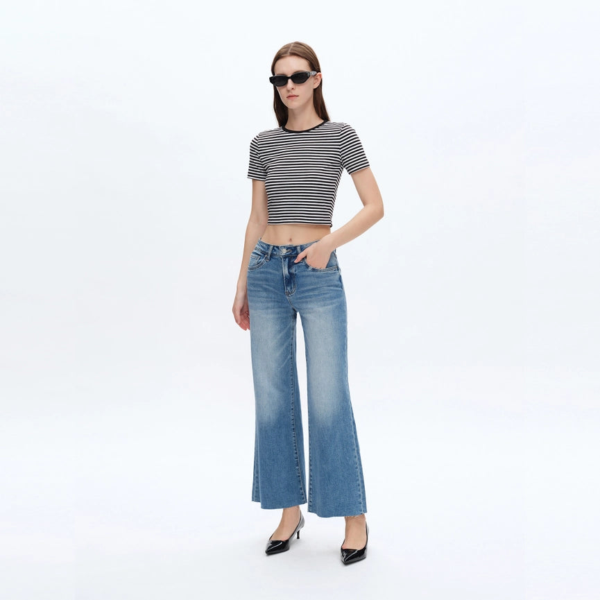Mid Rise Wide Leg Jeans with Raw Hem MEDIUM BLUE-Jeans-BAYEAS-31-MEDIUM BLUE-Urbanheer