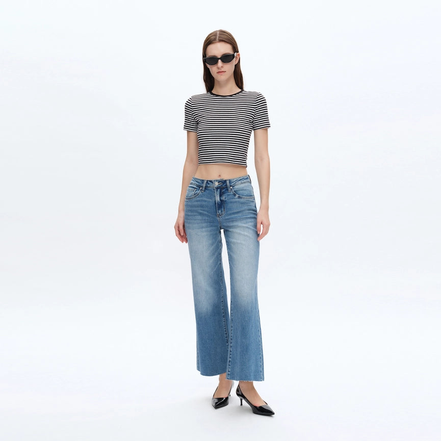 Mid Rise Wide Leg Jeans with Raw Hem MEDIUM BLUE-Jeans-BAYEAS-31-MEDIUM BLUE-Urbanheer
