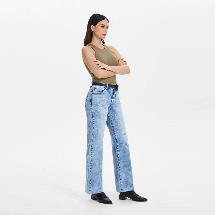 Mid Rise Wide Leg Jeans with Raw Hem SNOWDREAMS-Jeans-BAYEAS-24-SNOWDREAMS-Urbanheer