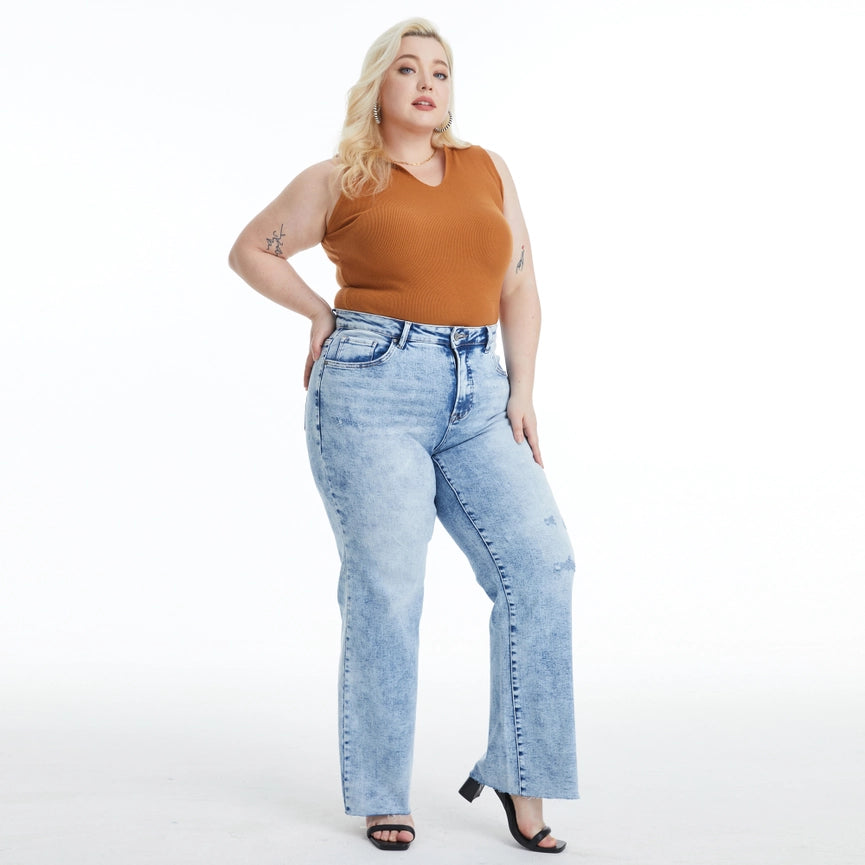 Mid Rise Wide Leg Jeans with Raw Hem SNOWDREAMS-Jeans-BAYEAS-14W-SNOWDREAMS-Urbanheer