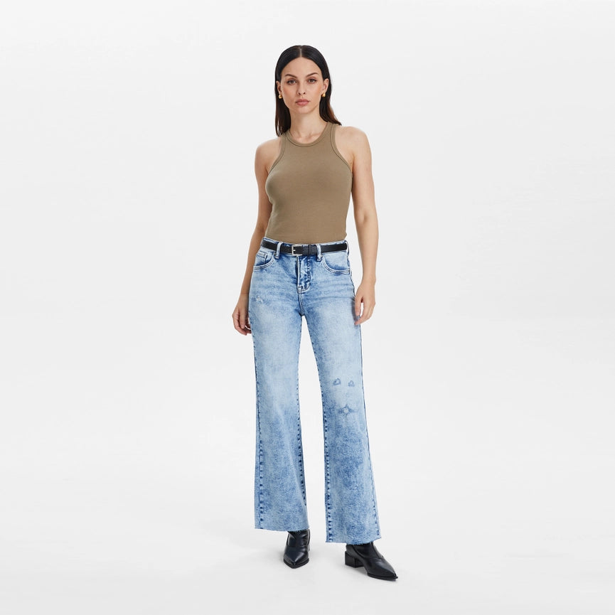 Mid Rise Wide Leg Jeans with Raw Hem SNOWDREAMS-Jeans-BAYEAS-24-SNOWDREAMS-Urbanheer