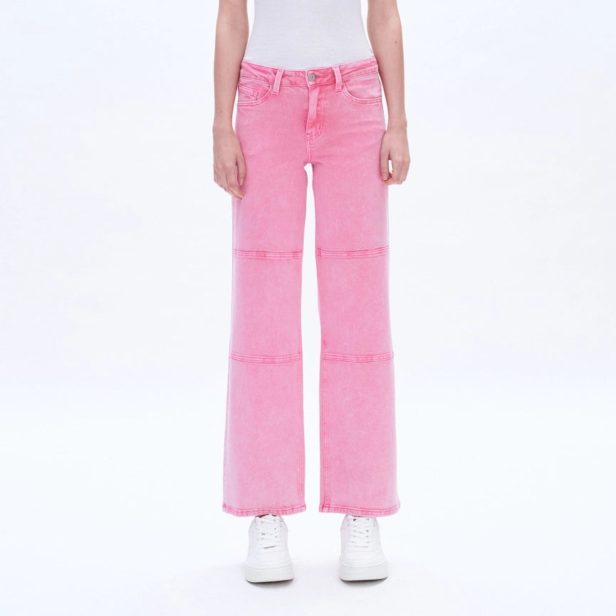 Mid Rise Wide Leg Twill Pants with Finished Hem PINK-Pants-BAYEAS-24-PINK-Urbanheer