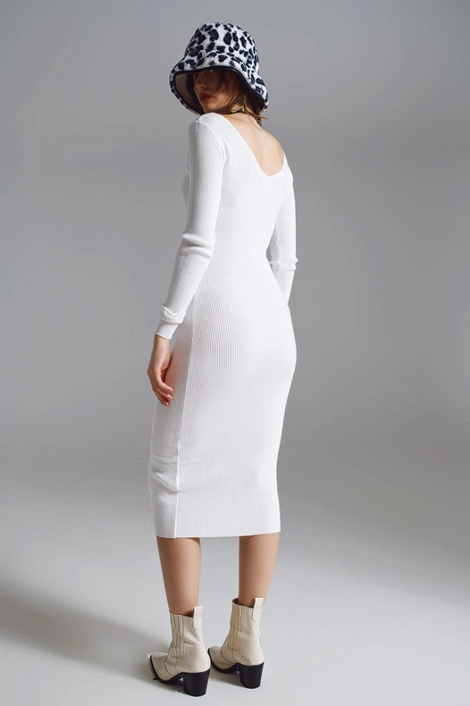 Midi Bodycon Knitted Dress With V-Neck In White-Dress-Q2-One Size-White-Urbanheer