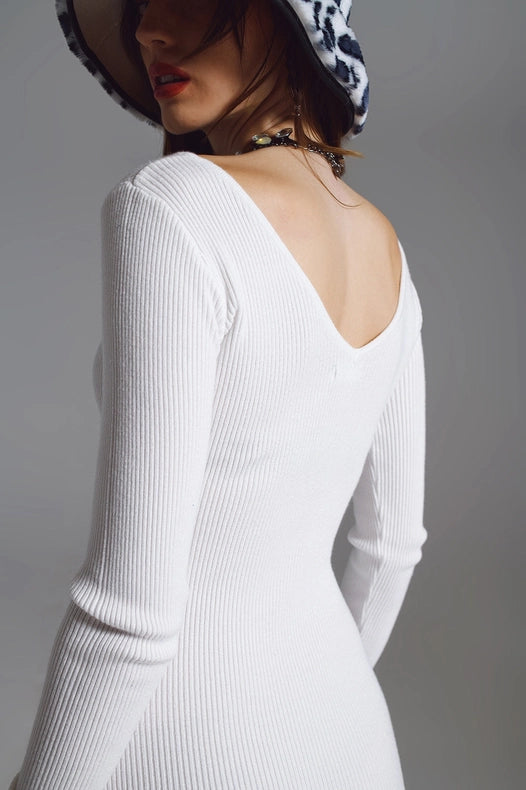 Midi Bodycon Knitted Dress With V-Neck In White-Dress-Q2-One Size-White-Urbanheer