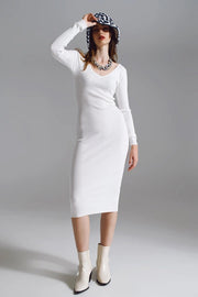 Midi Bodycon Knitted Dress With V-Neck In White-Dress-Q2-One Size-White-Urbanheer
