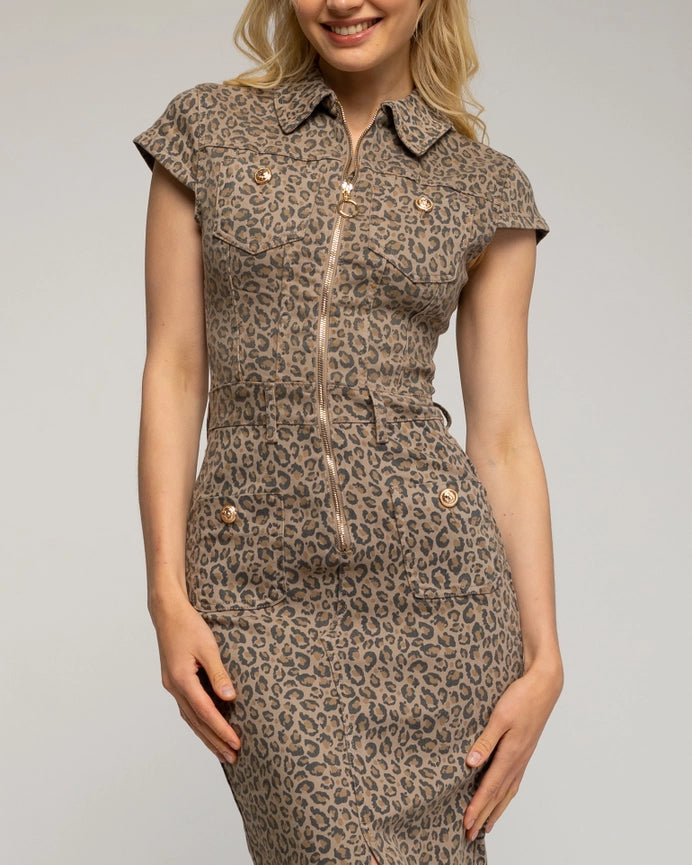 Midi Denim Dress with Animal Print-Dress-Tantra-XS-Brown-Urbanheer