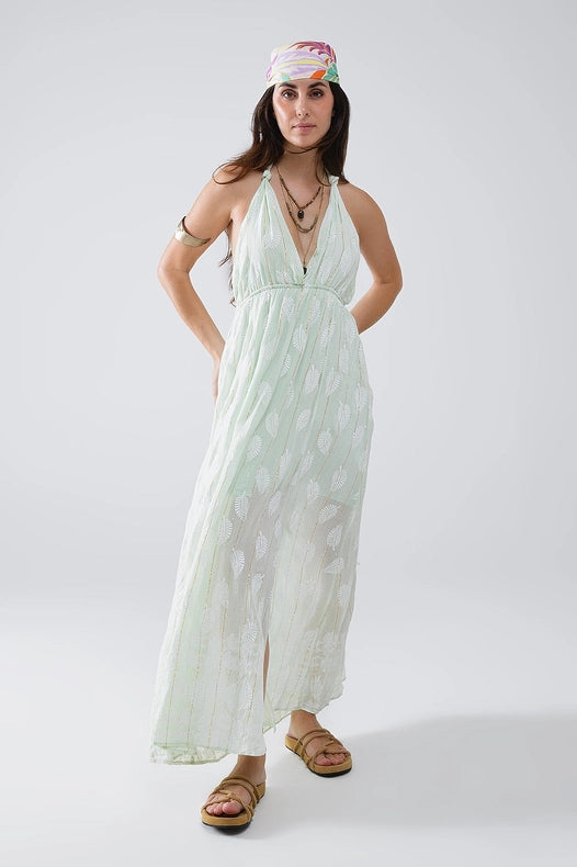 Midi Halter Dress in Mint Leaf Print with Lurex Details-Dress-Q2-S-Green-Urbanheer