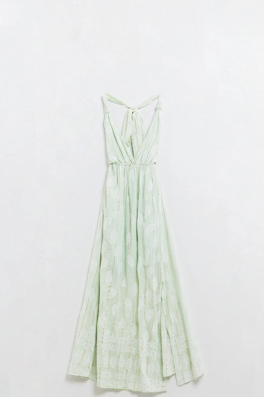 Midi Halter Dress in Mint Leaf Print with Lurex Details-Dress-Q2-S-Green-Urbanheer