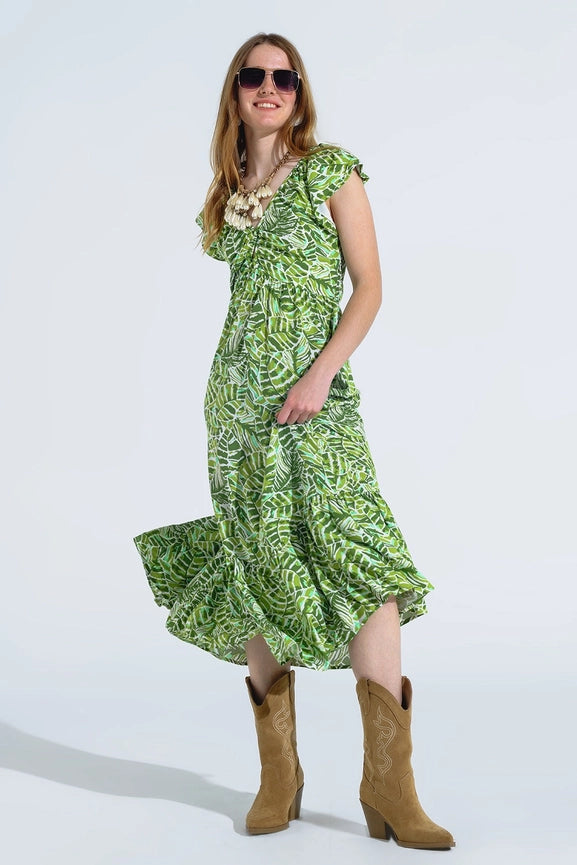 Midi Romantic Dress with Ruffled Short Sleeves in Green Leaf Print-Dress-Q2-S-Green-Urbanheer