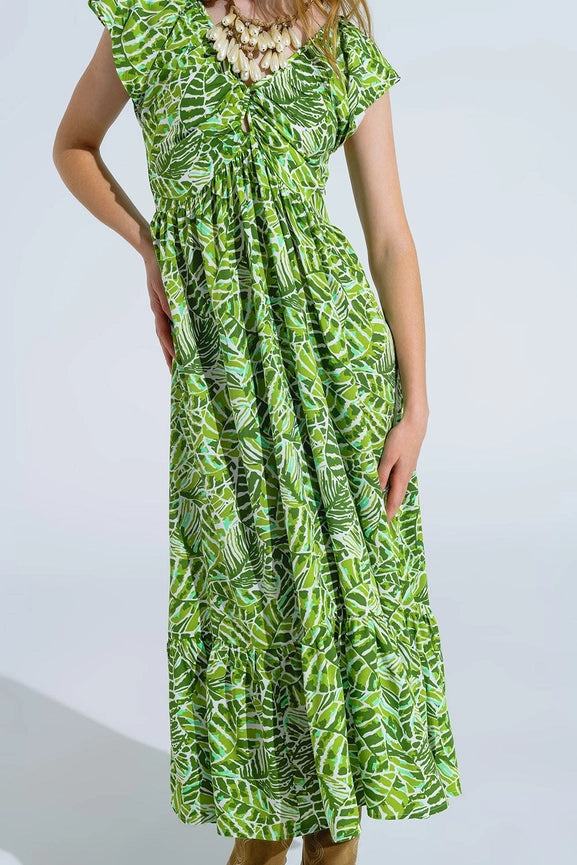 Midi Romantic Dress with Ruffled Short Sleeves in Green Leaf Print-Dress-Q2-S-Green-Urbanheer