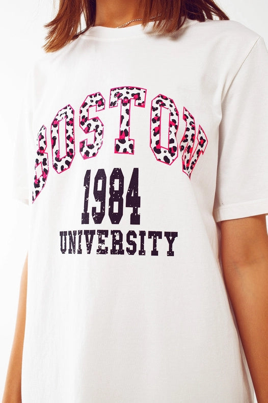 Midi T-Shirt Dress in White Boston 1984 University