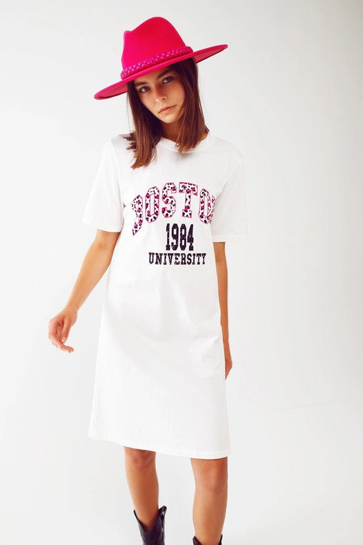 Midi T-Shirt Dress In White Boston 1984 University-Dress-Q2-One Size-White-Urbanheer