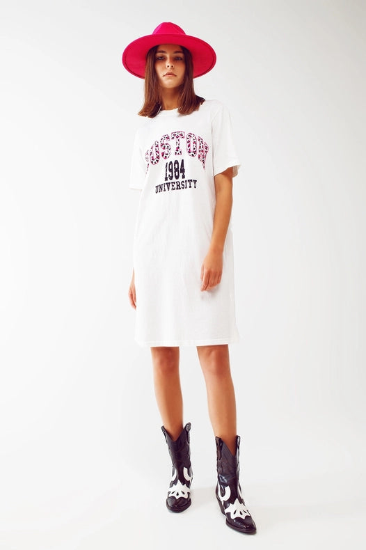 Midi T-Shirt Dress In White Boston 1984 University-Dress-Q2-One Size-White-Urbanheer