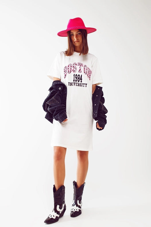 Midi T-Shirt Dress In White Boston 1984 University-Dress-Q2-One Size-White-Urbanheer