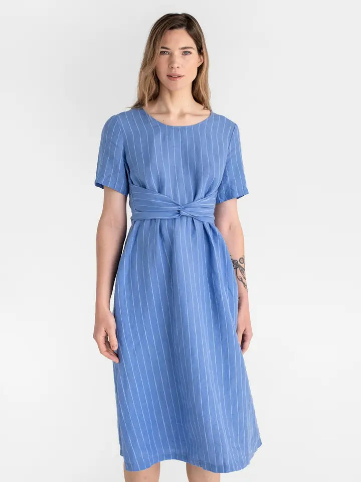 Midi Wrap Linen Dress Manila in Blue Stripes-Dress-MagicLinen-XS-Blue stripes-Urbanheer