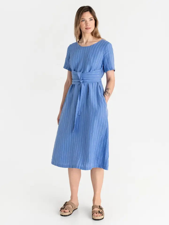 Midi Wrap Linen Dress Manila in Blue Stripes-Dress-MagicLinen-XS-Blue stripes-Urbanheer