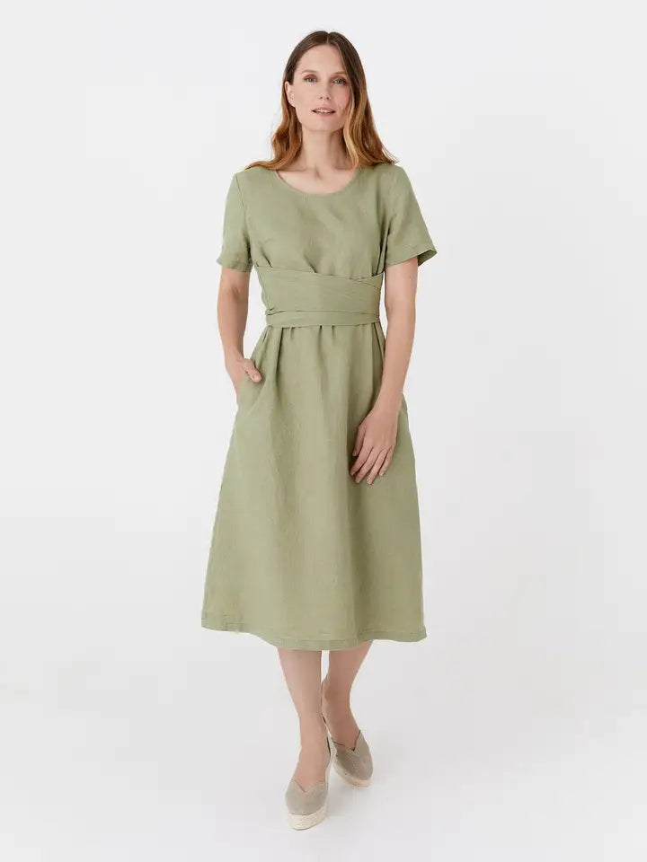 Midi Wrap Linen Dress Manila in Sage-Dress-MagicLinen-XS-Sage-Urbanheer