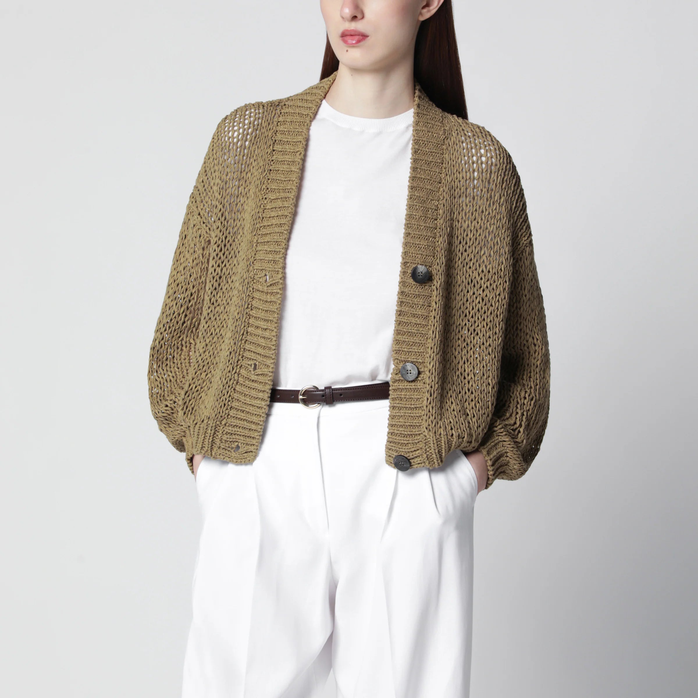 Military Green Cotton-Blend Knit Cardigan for Comfort