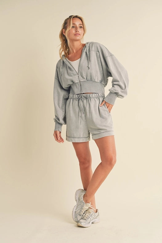 Mineral Wash Zip-Up Hoodie Gray-Hoodie-Kimberly C-S-Urbanheer