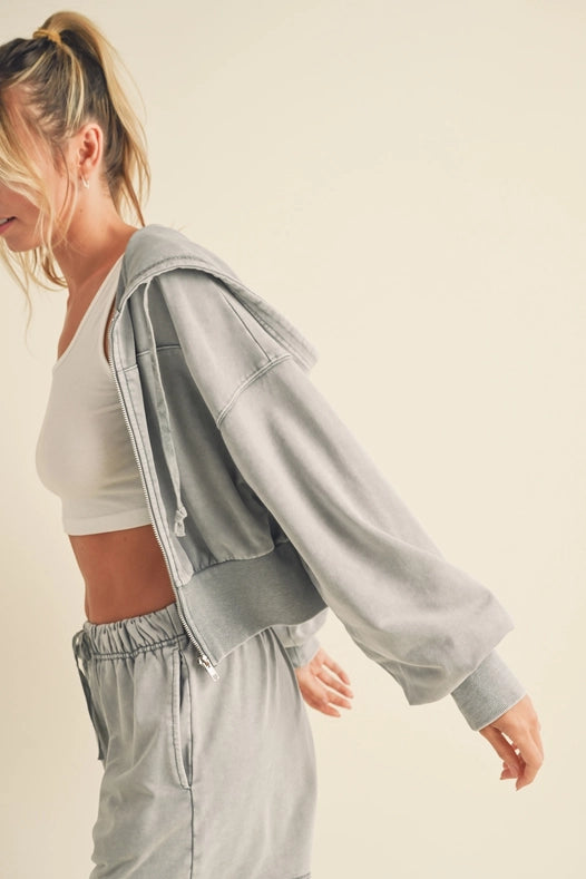 Mineral Wash Zip-Up Hoodie Gray-Hoodie-Kimberly C-S-Urbanheer