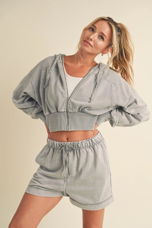 Mineral Wash Zip-Up Hoodie Gray-Hoodie-Kimberly C-S-Urbanheer