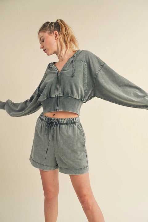 Mineral Wash Zip-Up Hoodie Sage-Hoodie-Kimberly C-S-Urbanheer