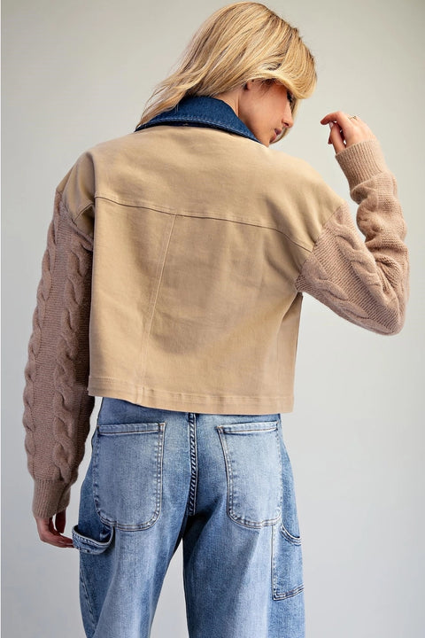 Mineral Washed Denim Knit Sleeve Jacket