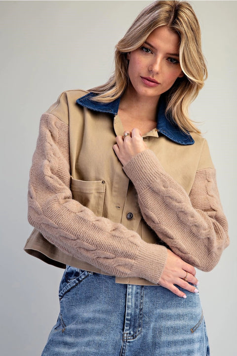 Mineral Washed Denim Knit Sleeve Jacket